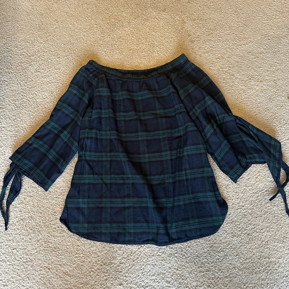 Denim 24/7 Plaid Peasant Top - Tie Sleeve - Size 14W